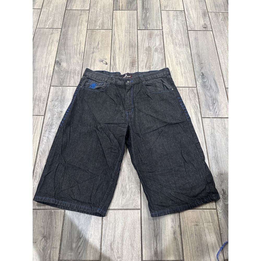 Red Ape Men's Baggy Denim Shorts Size 38 Dark Wash Blue Stitching & Graphics